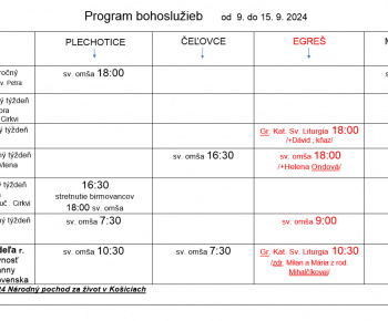 Cirkevné oznamy / Program bohoslužieb týždeň od 9.9.2024 do 15.9.2024 - foto