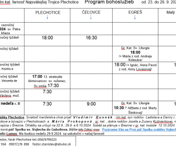 Cirkevné oznamy / Program bohoslužieb týždeň od 23.9.2024 do 29.9.2024 - foto