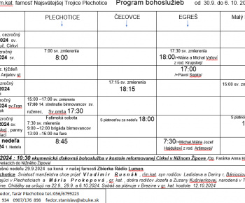 Cirkevné oznamy / Program bohoslužieb týždeň od 30.9.2024 do 06.10.2024 - foto