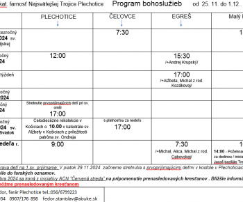 Cirkevné oznamy / Program bohoslužieb týždeň od 25.11.2024 do 01.12.2024 - foto