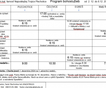 Cirkevné oznamy / Program bohoslužieb týždeň od 02.12.2024 do 08.12.2024 - foto