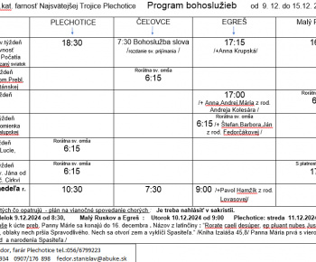 Cirkevné oznamy / Program bohoslužieb týždeň od 09.12.2024 do 15.12.2024 - foto