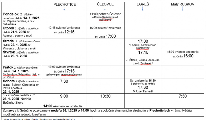 Fotka - Program bohoslužieb týždeň od 20.01.2025 do 26.01.2025