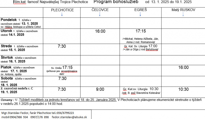 Fotka - Program bohoslužieb týždeň od 13.01.2025 do 19.01.2025