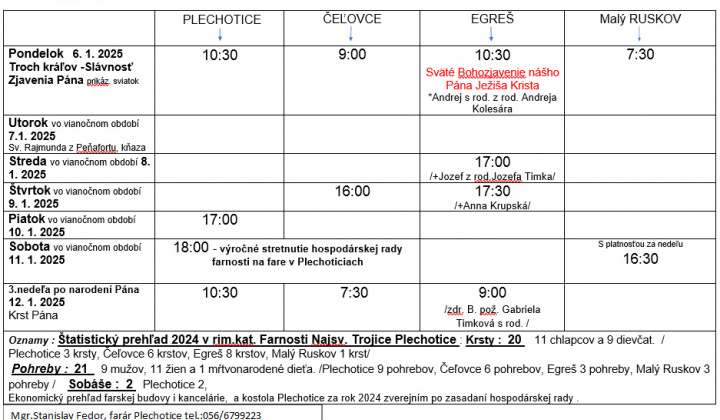 Fotka - Program bohoslužieb týždeň od 06.01.2025 do 12.01.2025