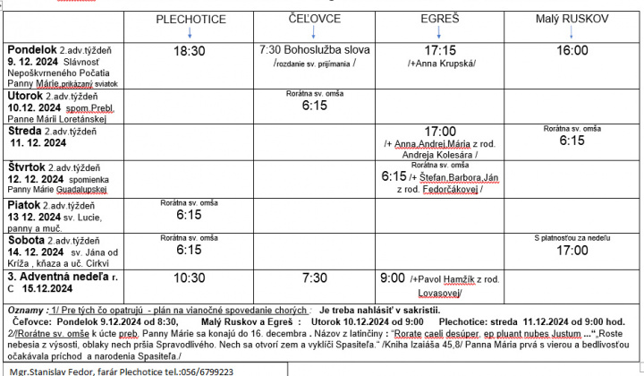 Fotka - Program bohoslužieb týždeň od 09.12.2024 do 15.12.2024