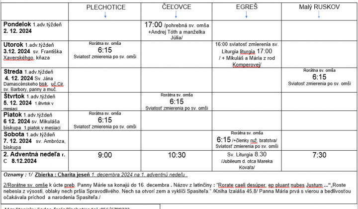 Fotka - Program bohoslužieb týždeň od 02.12.2024 do 08.12.2024