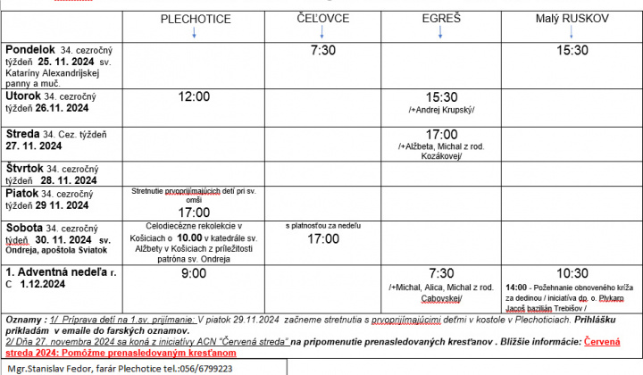 Fotka - Program bohoslužieb týždeň od 25.11.2024 do 01.12.2024