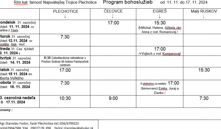 Fotka - Program bohoslužieb týždeň od 11.11.2024 do 17.11.2024