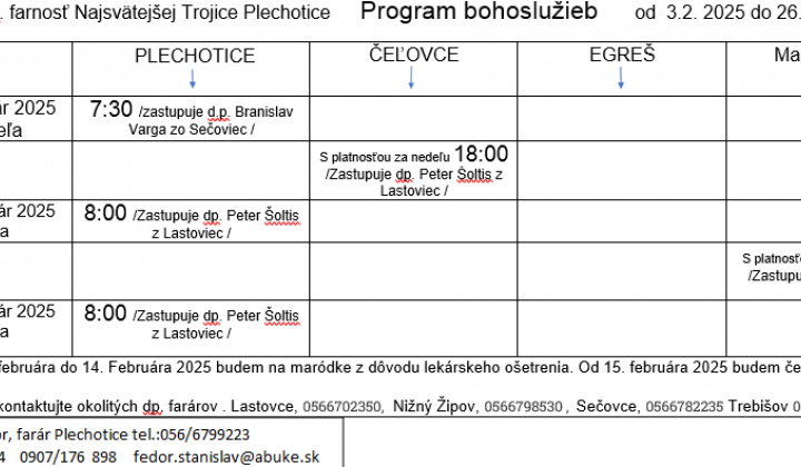 Fotka - Program bohoslužieb týždeň od 02.02.2025 do 26.02.2025