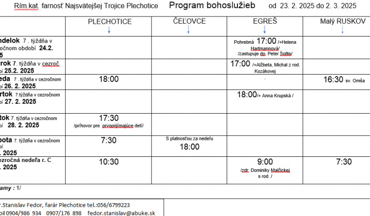 Fotka - Program bohoslužieb týždeň od 23.02.2025 do 02.03.2025