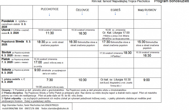 Fotka - Program bohoslužieb týždeň od 03.03.2025 do 09.03.2025