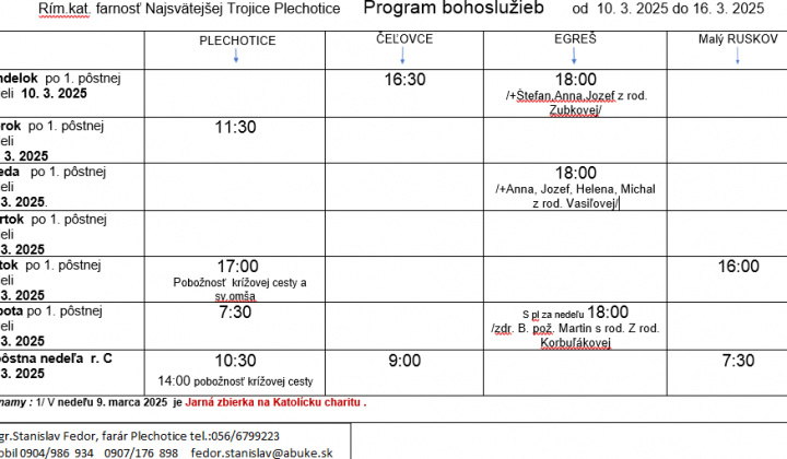 Fotka - Program bohoslužieb týždeň od 10.03.2025 do 16.03.2025